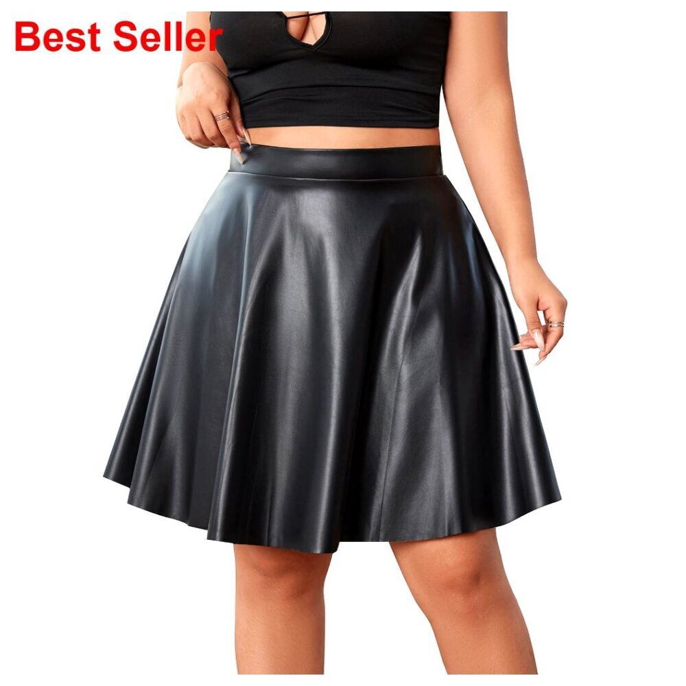 Plus Size Pleated PU Leather Mini Skirt High Waist A-Line Skater